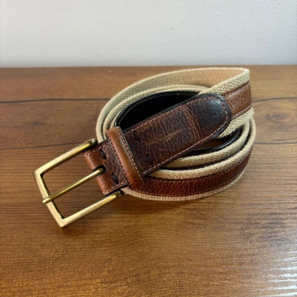 Men's Size 44 Brown Leather & Khaki Canvas Webbed Belt Antique Brass Buckle